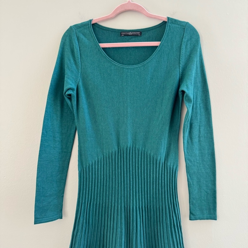Peruvian Connection Teal Green Long Sleeve Pima Cotton Dress - Picture 3 of 8